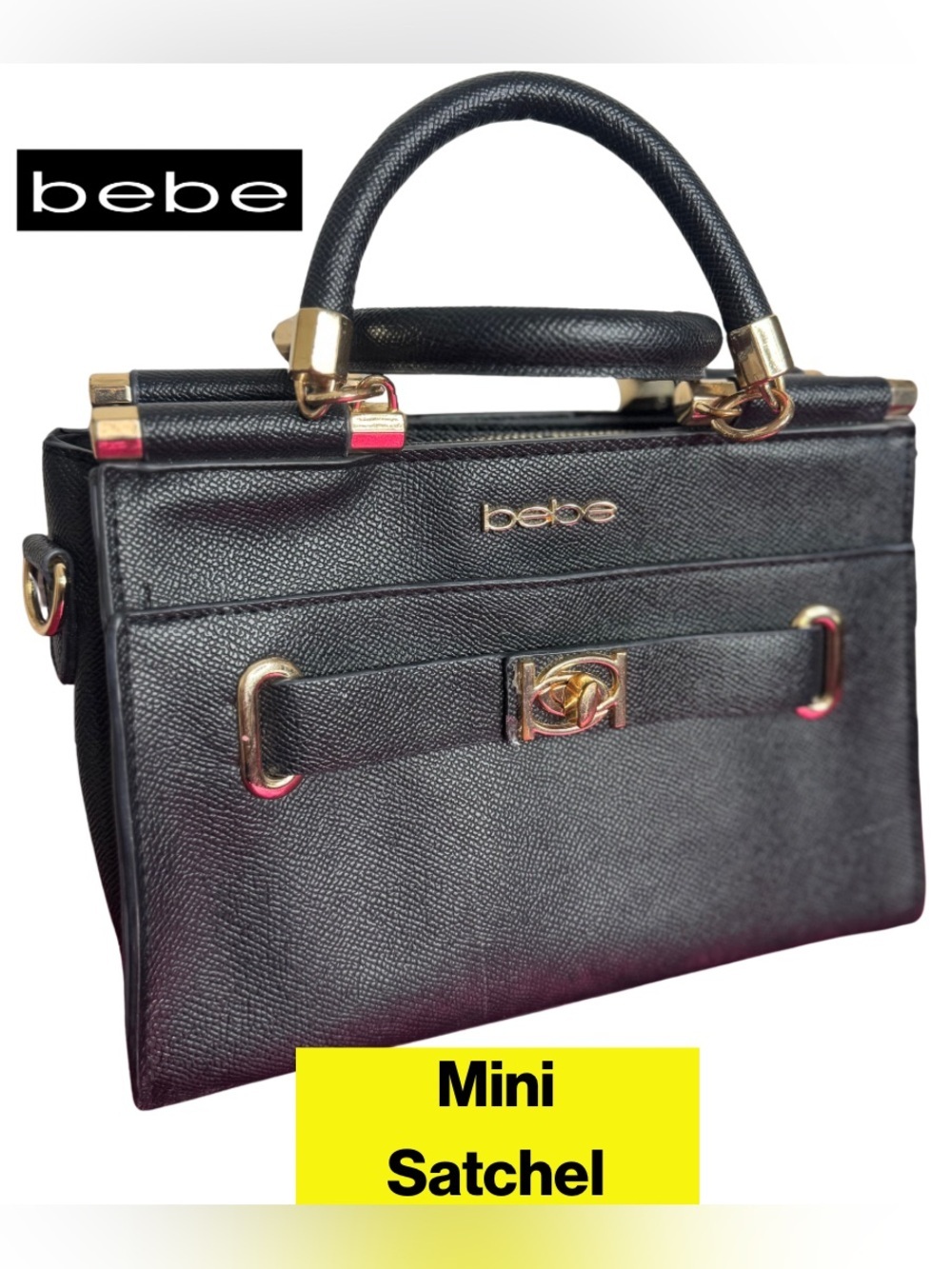 BEBE 🖤🌟 Black Structured Top-Handle Mini Satchel, Gold Hardware, Handheld
